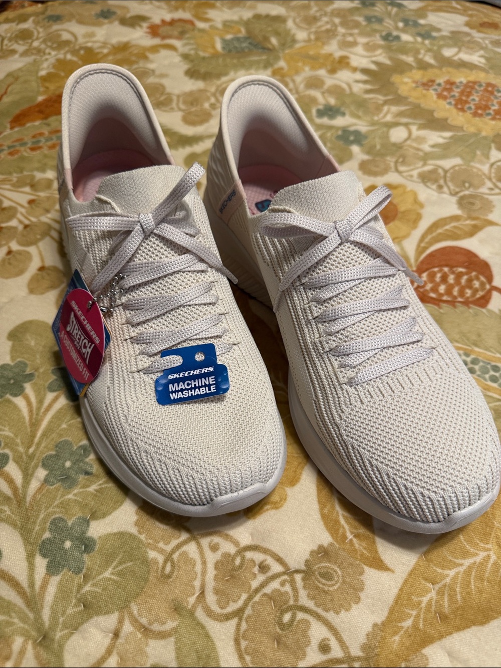 Skechers Women's White Knit Slip-On Athletic Sneakers with Pink Lining